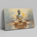Framed canvas print of serene Buddha in meditation with abstract warm golden background