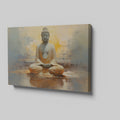 Framed canvas print of serene Buddha in meditation with abstract warm golden background
