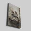 Framed canvas print of two monkeys contemplating over a birthday cake on a rustic backdrop