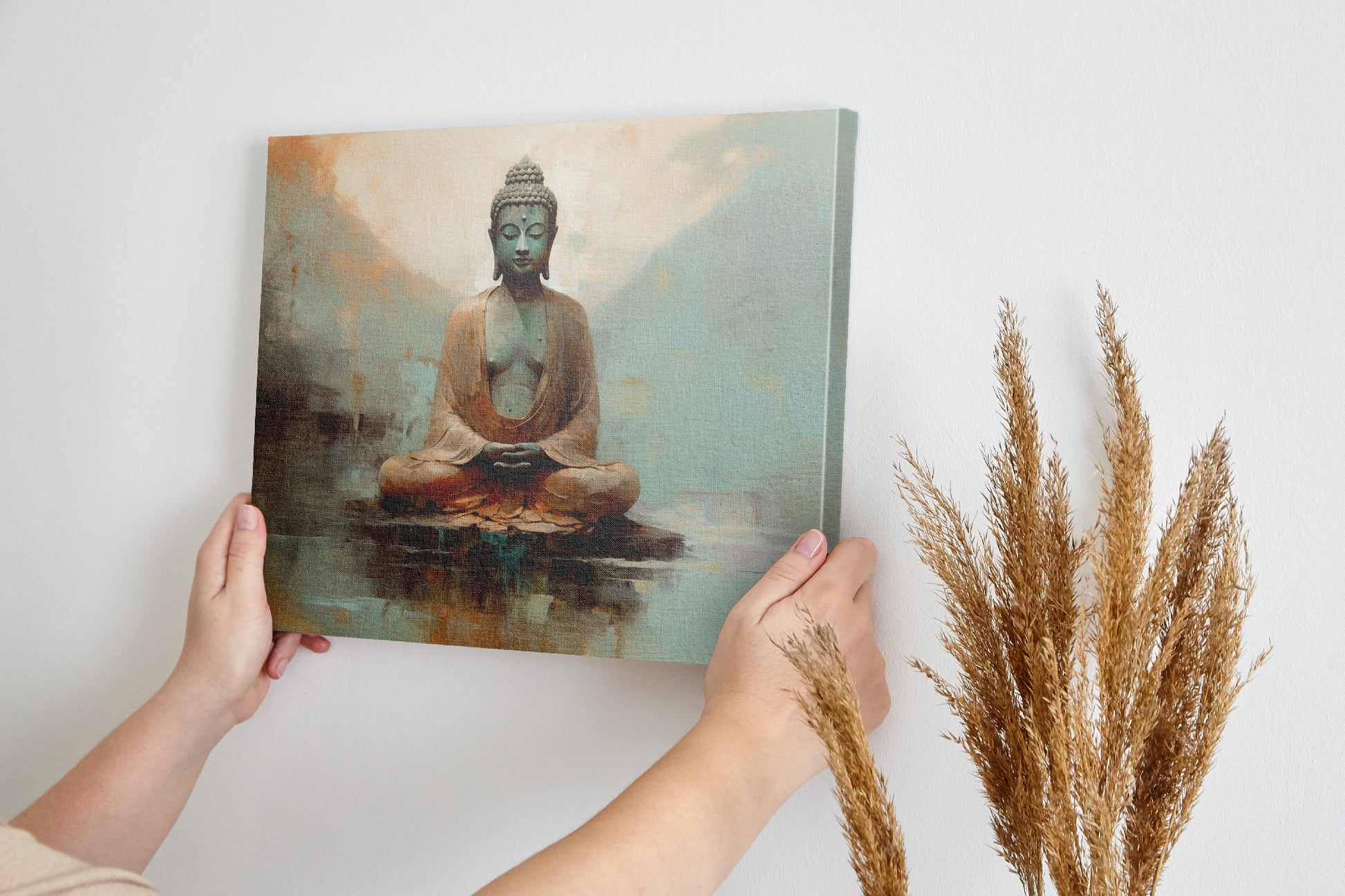 Framed canvas print of a serene Buddha in meditative pose with earthy tones
