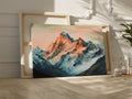 Framed canvas print of impressionist watercolor mountain landscape with sunset hues