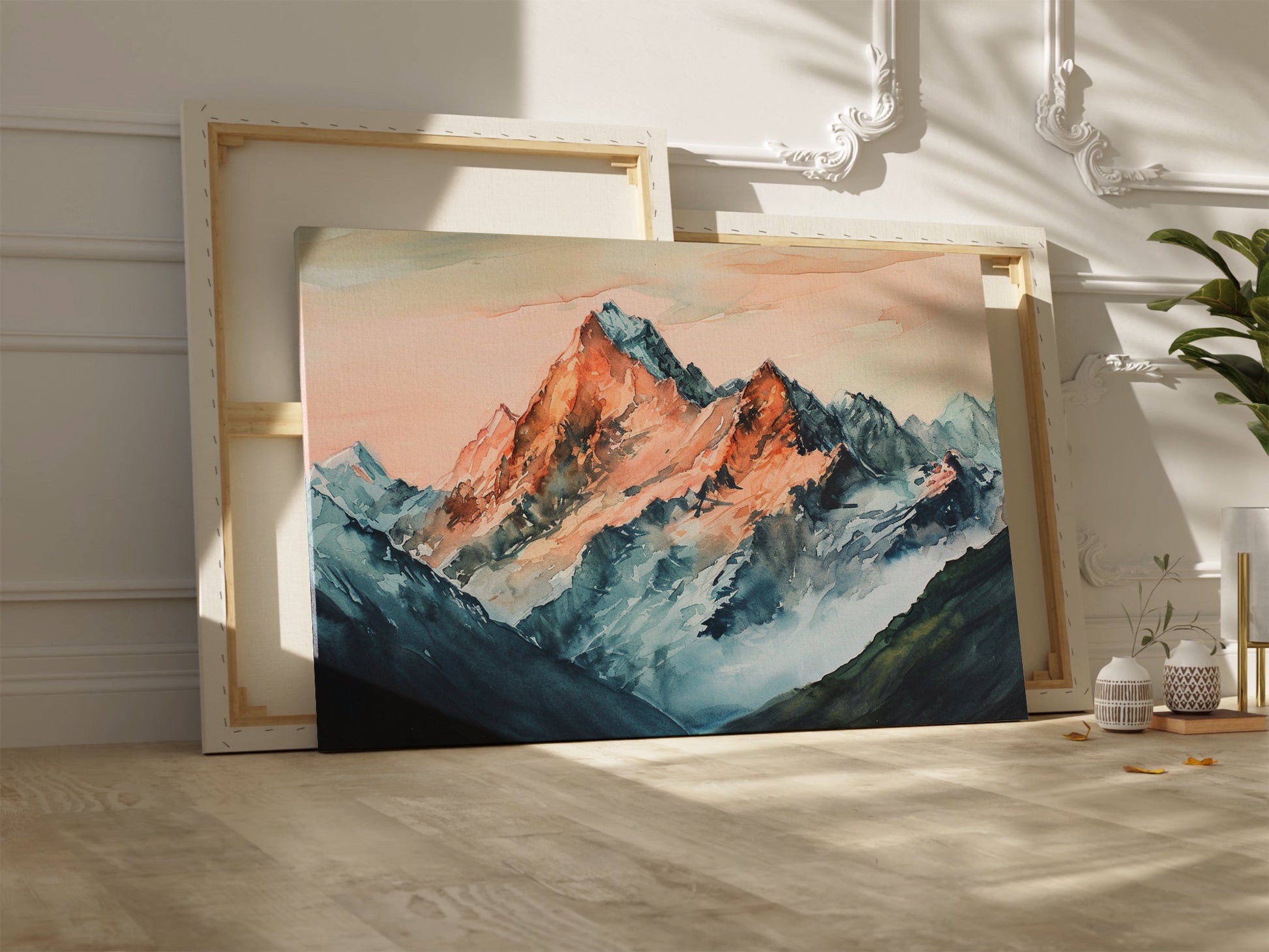 Framed canvas print of impressionist watercolor mountain landscape with sunset hues