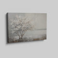 Textured painting of a tree with white flowers and its reflection on water, on a beige and brown background