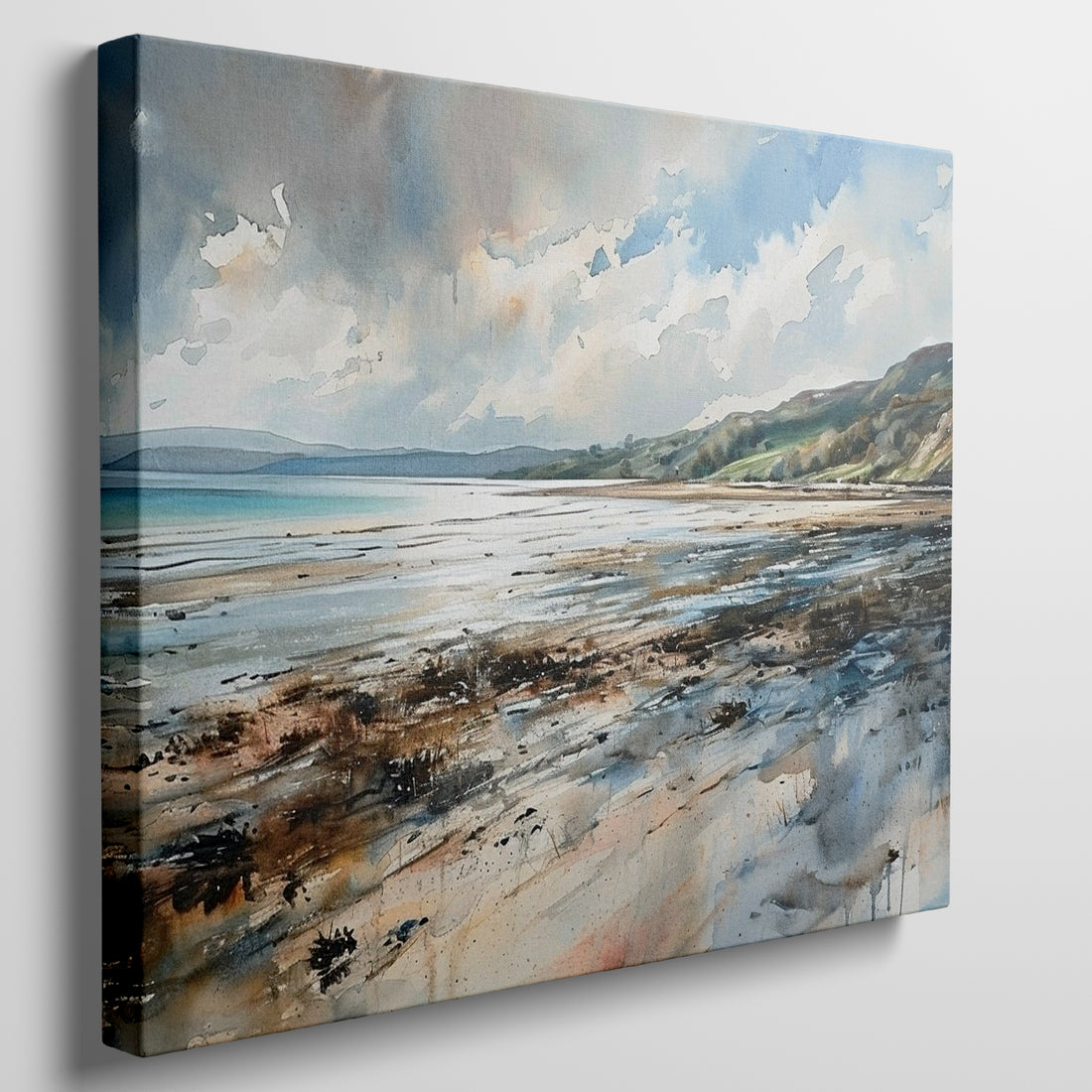 Impressionistic painting of a coastal scene with broad brushstrokes in blue, beige, and white