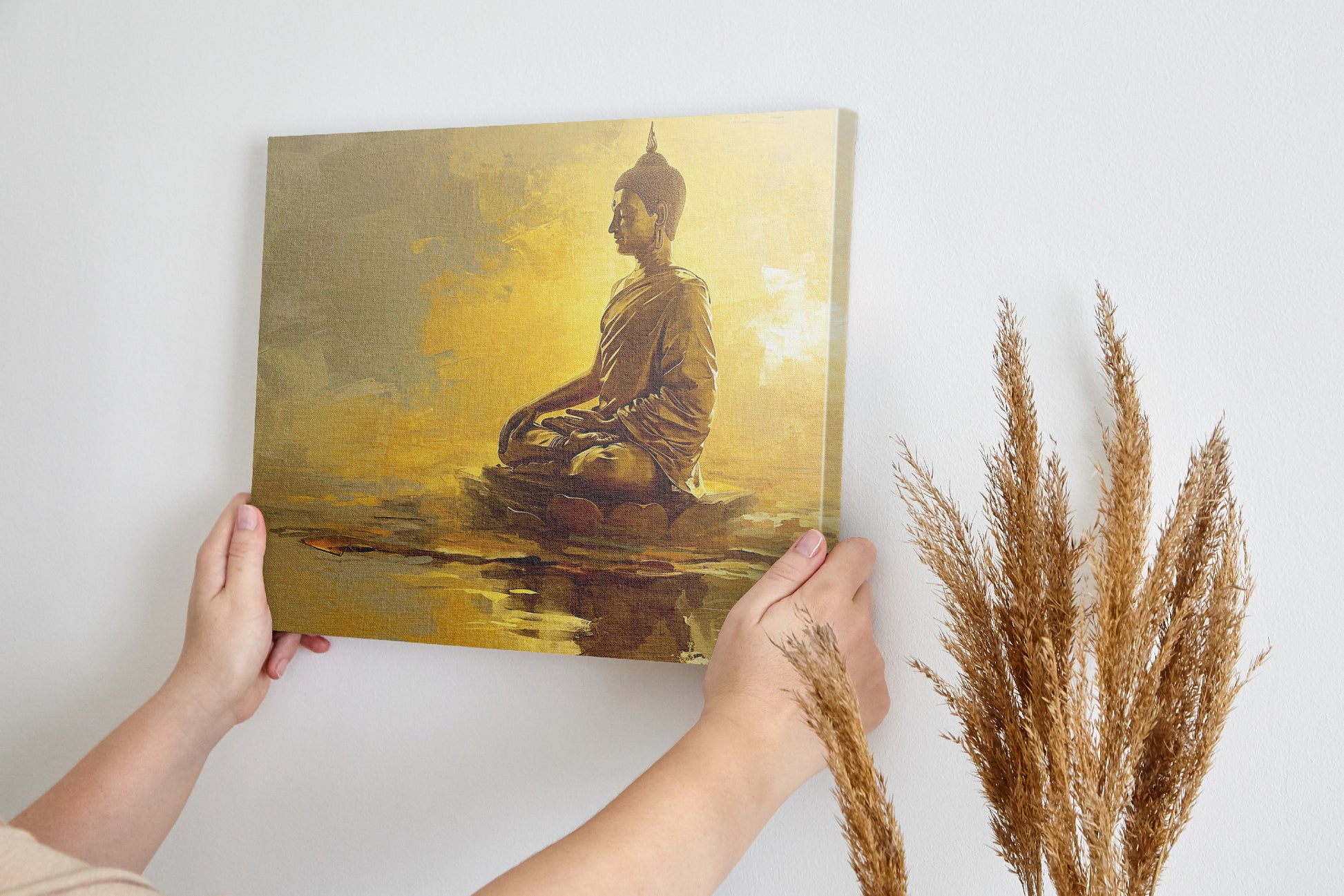Framed canvas print of a golden Buddha in meditation
