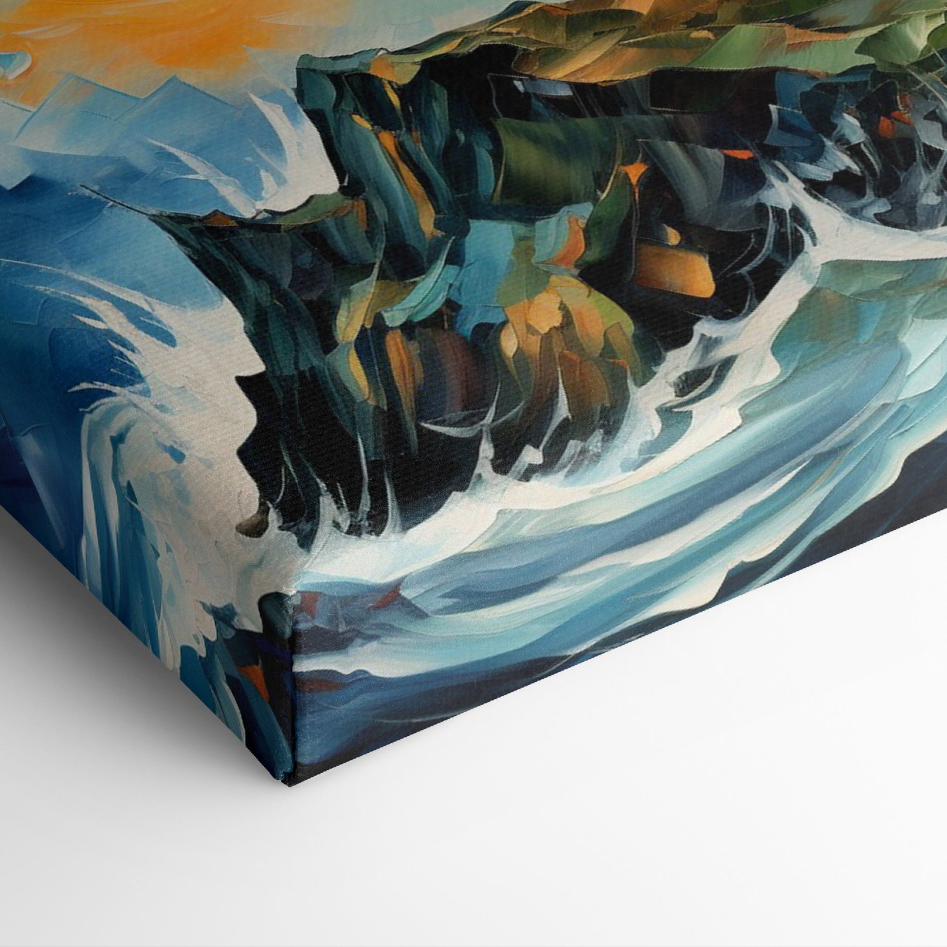 Framed canvas print of an abstract lighthouse seascape with vibrant sunset and dynamic brushstrokes