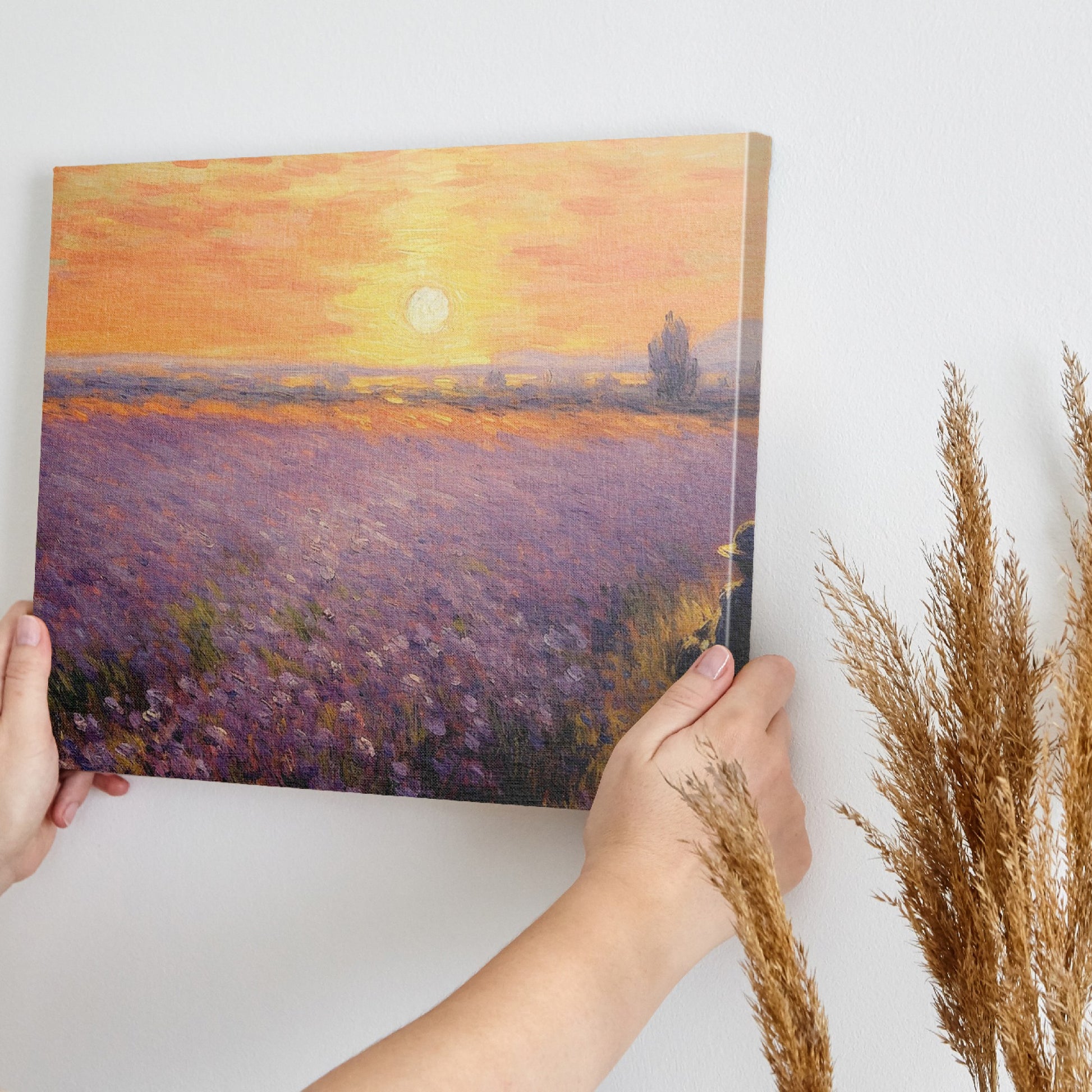Framed canvas print of an impressionist lavender field with a person at sunset displaying warm sunset colours