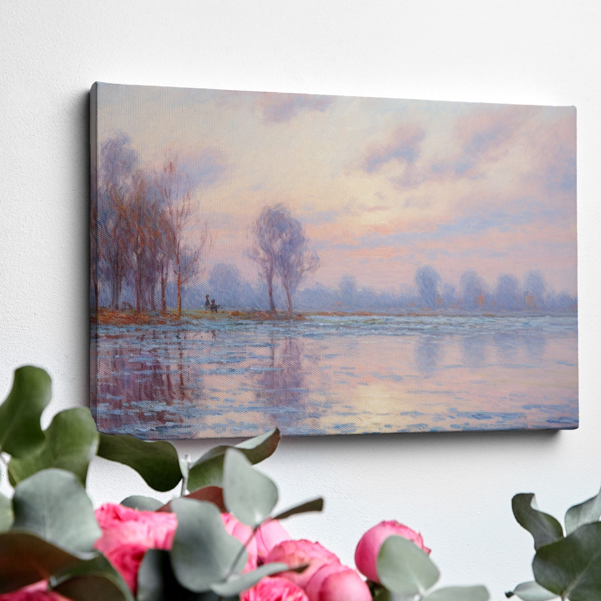 Pastel-hued landscape painting of a sunrise with reflections in the water and silhouetted trees.