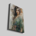 Watercolour-style portrait of a woman in green with brown accents and floral design elements