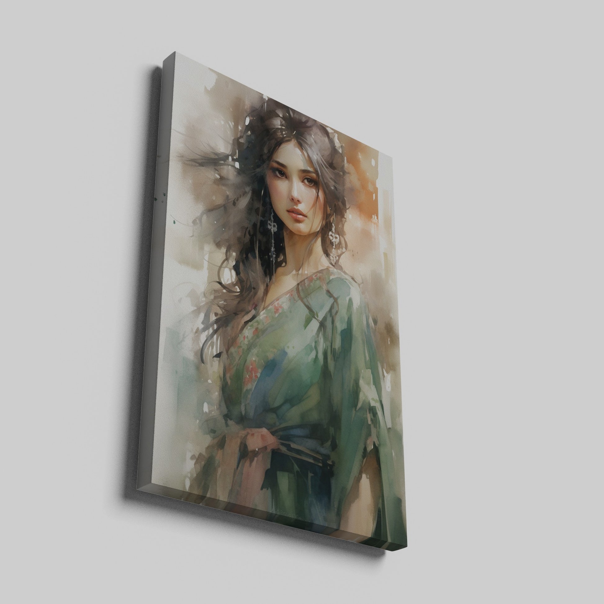 Watercolour-style portrait of a woman in green with brown accents and floral design elements