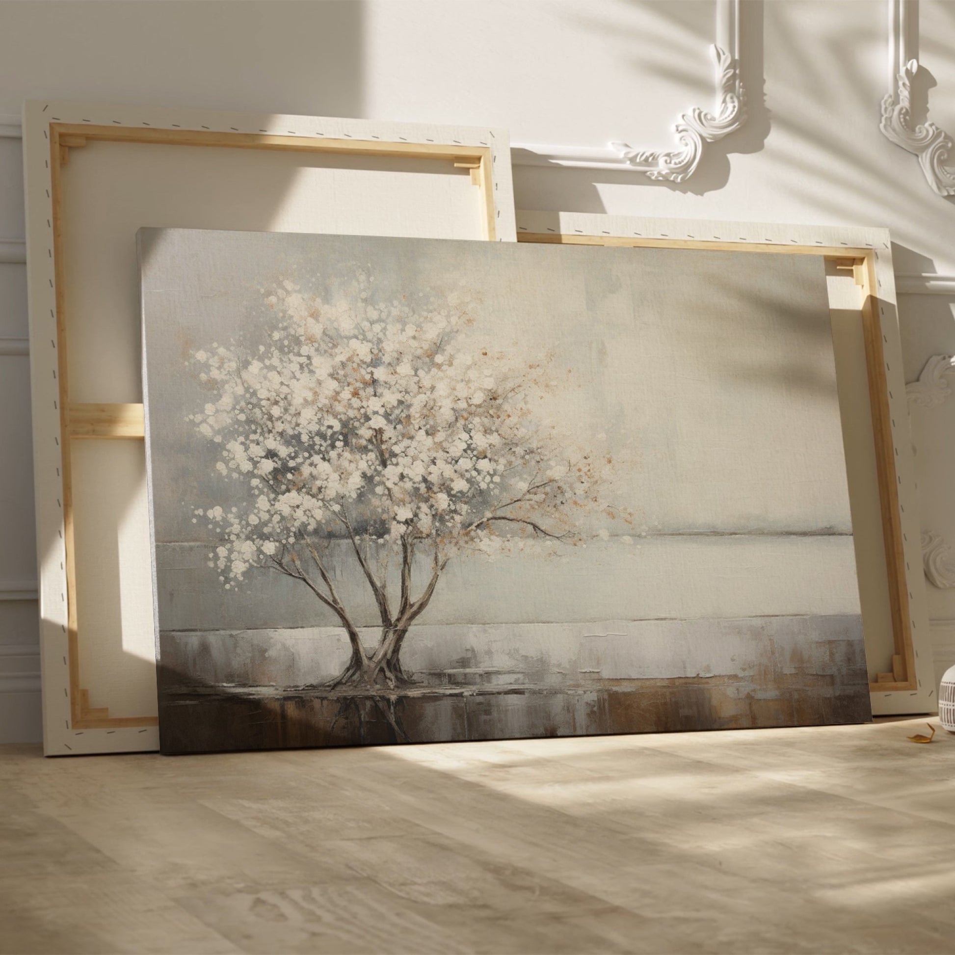 Textured painting of a tree with white flowers and its reflection on water, on a beige and brown background