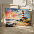 Impressionistic painting of a red and white lighthouse at sunset with vivid blue and orange sky