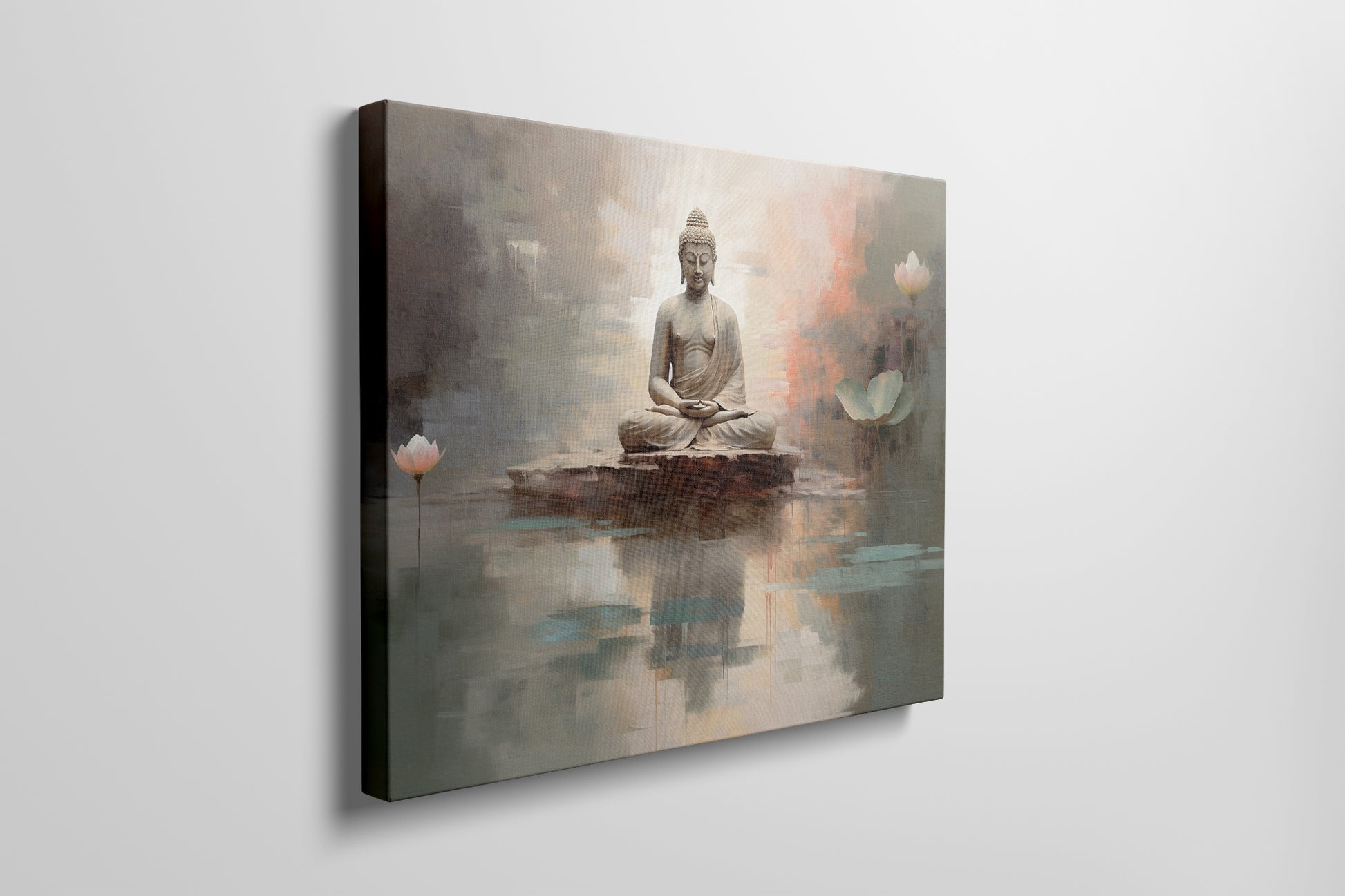 Framed canvas print of a serene Buddha in meditation with abstract watercolour lotus flowers and reflections