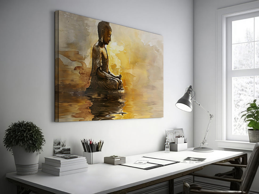 Framed canvas print of a meditative Buddha in golden tones with water reflection