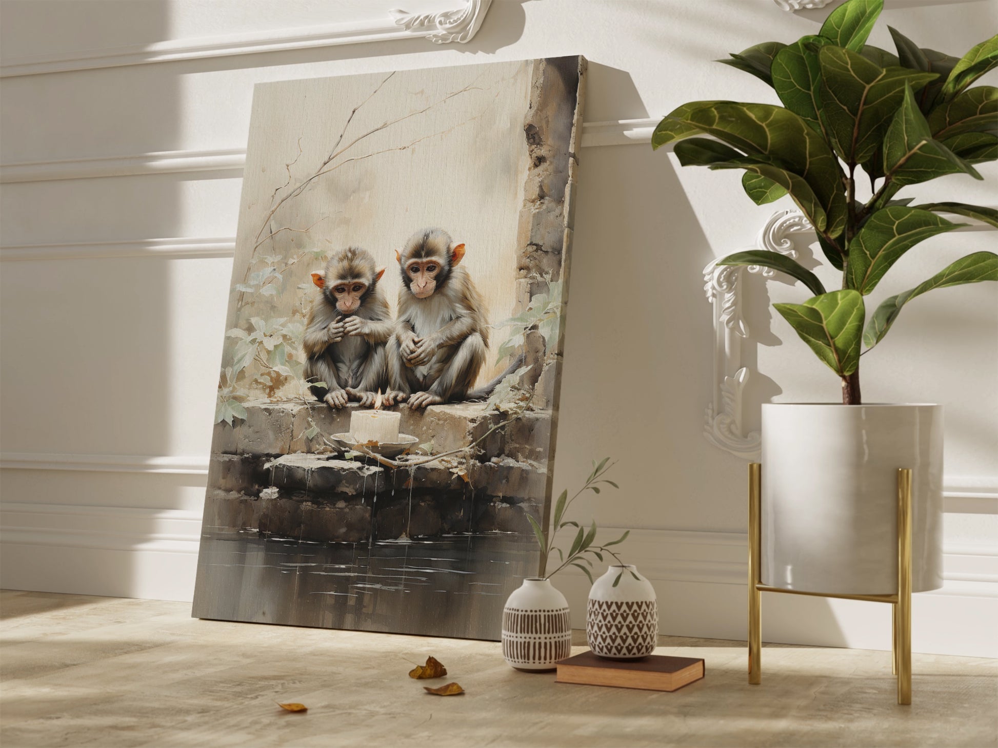 Framed canvas print of two monkeys contemplating over a birthday cake on a rustic backdrop