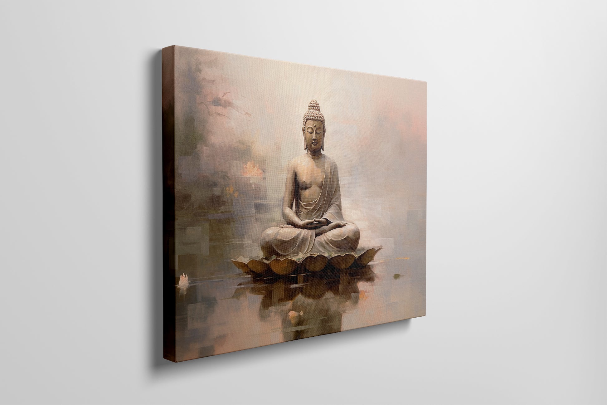 Framed canvas print of a serene Buddha in meditation with warm colour tones