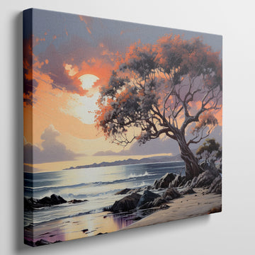 A vibrant sunset painting with an orange and red leafy tree overlooking a coastal seascape with gentle waves and cliffs.