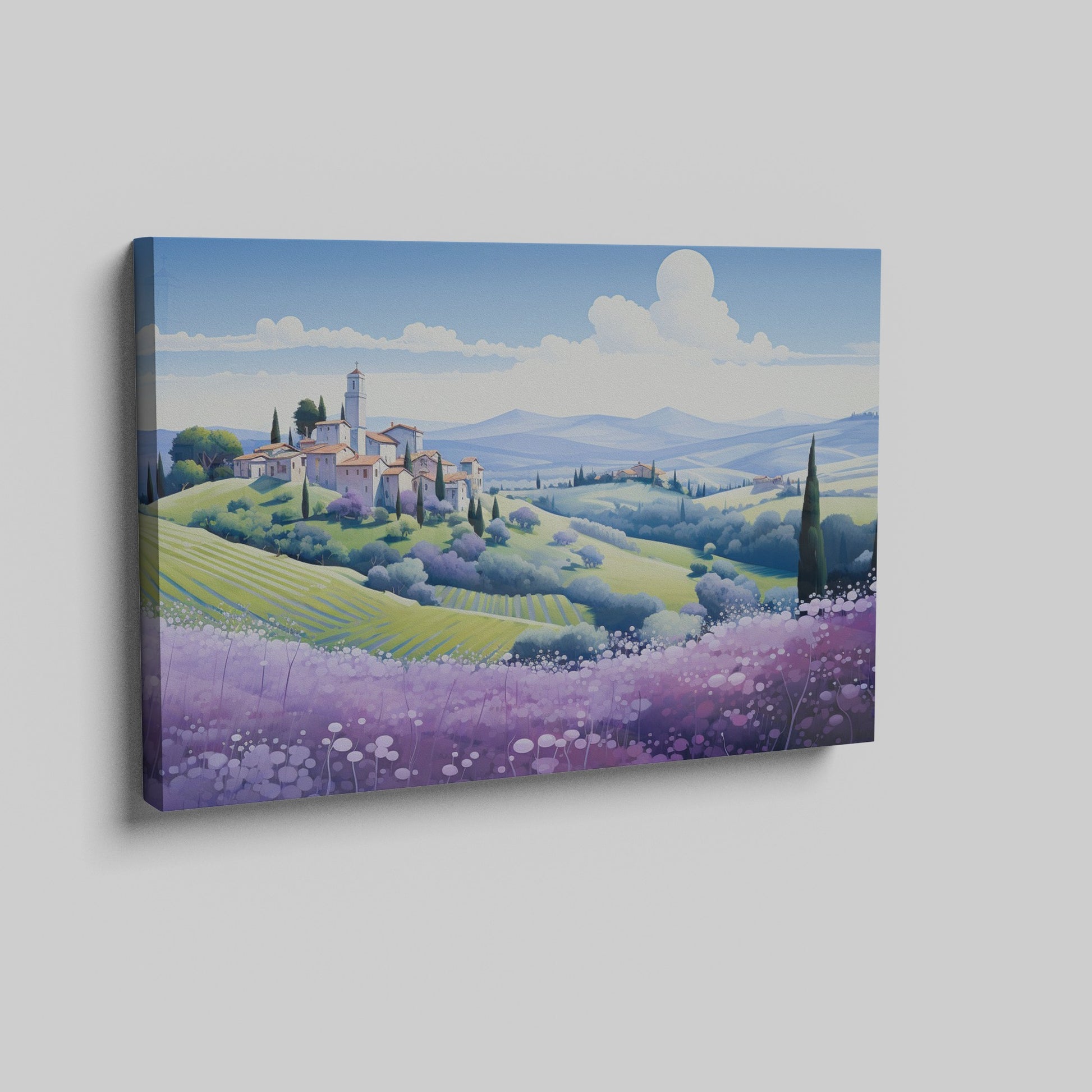 Framed canvas print of stylised Tuscan village landscape with pastel countryside and purple floral field