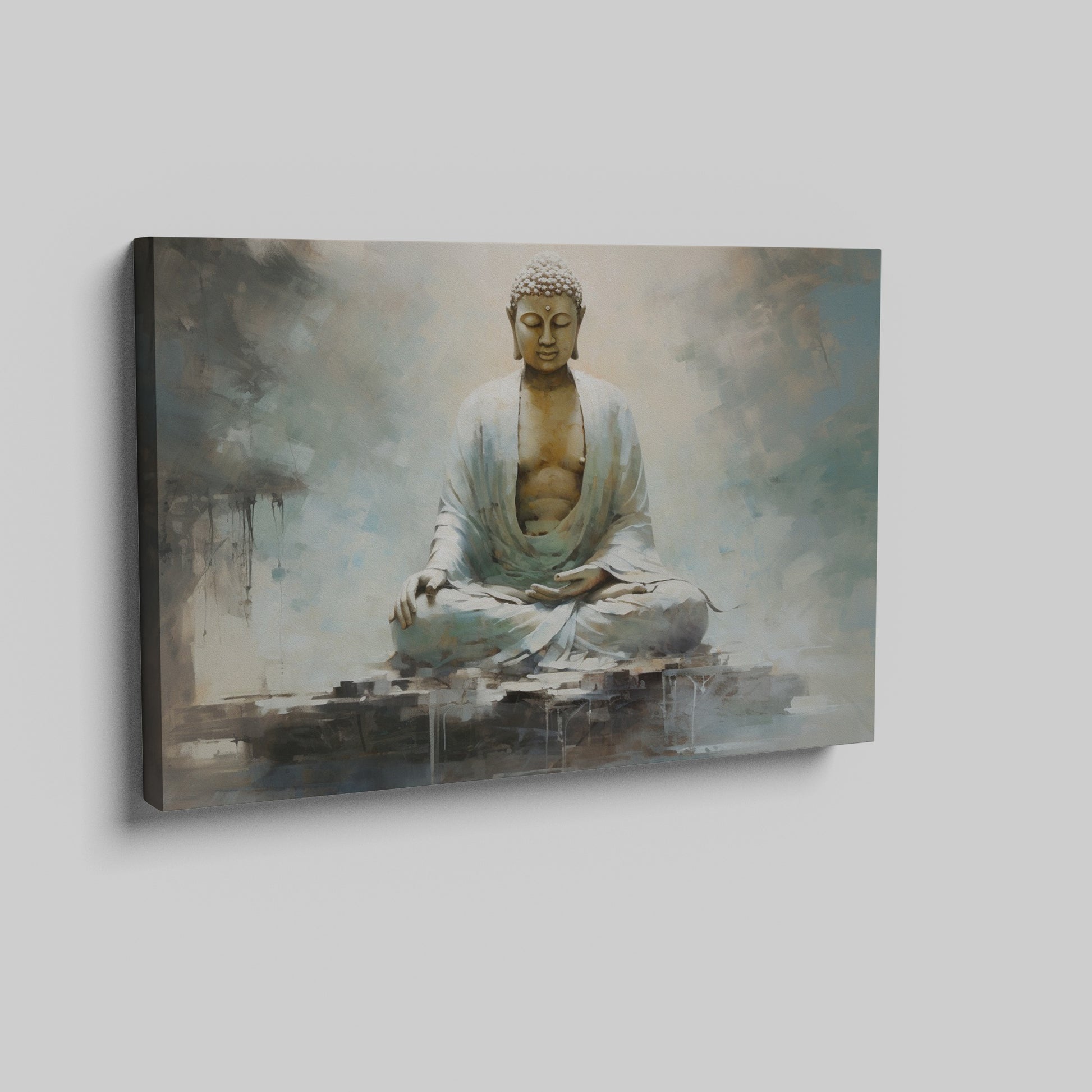 Framed canvas print of a serene Buddha in meditation with abstract, earthy tones