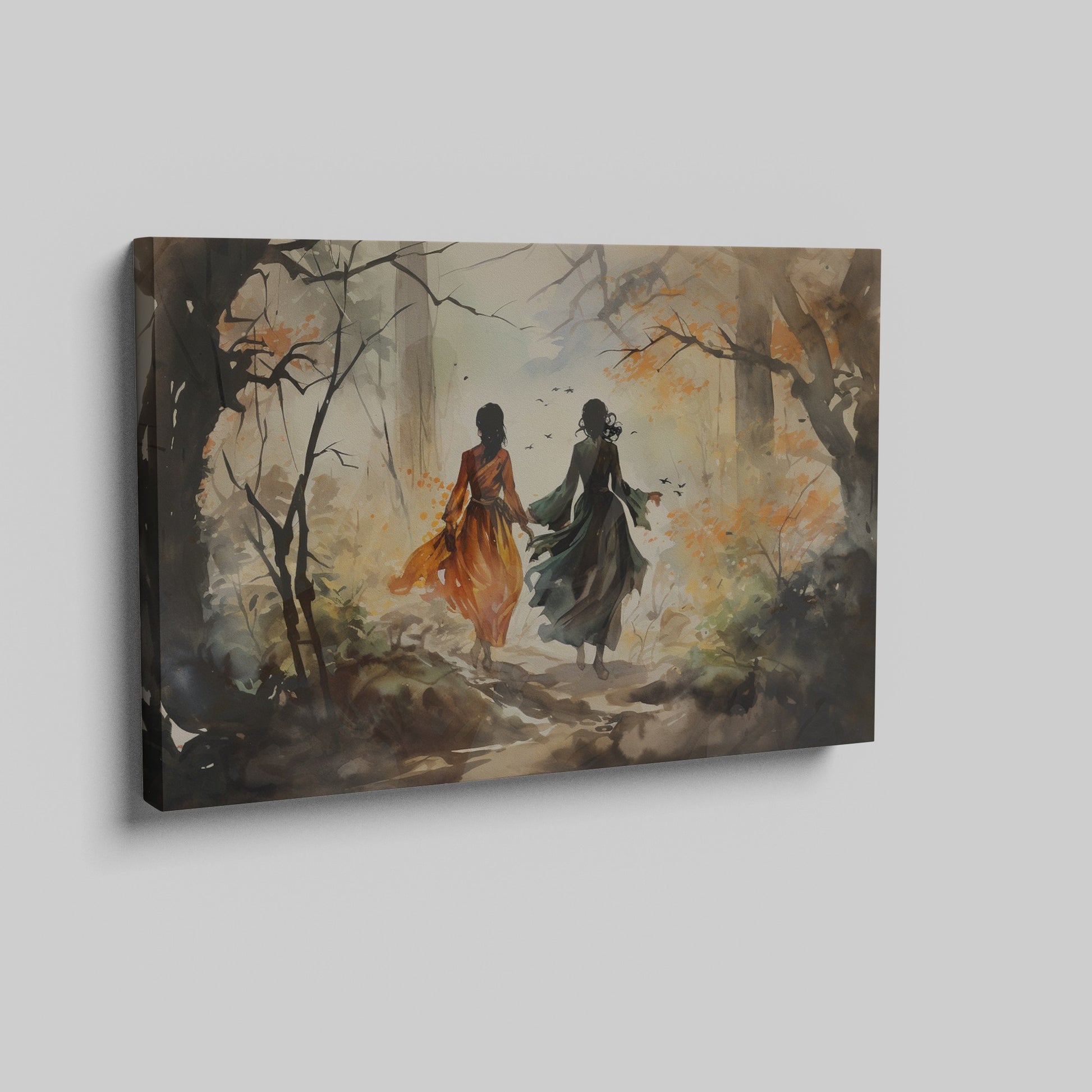 Watercolour painting of two figures walking through an autumn forest with bright orange leaves and birds in flight
