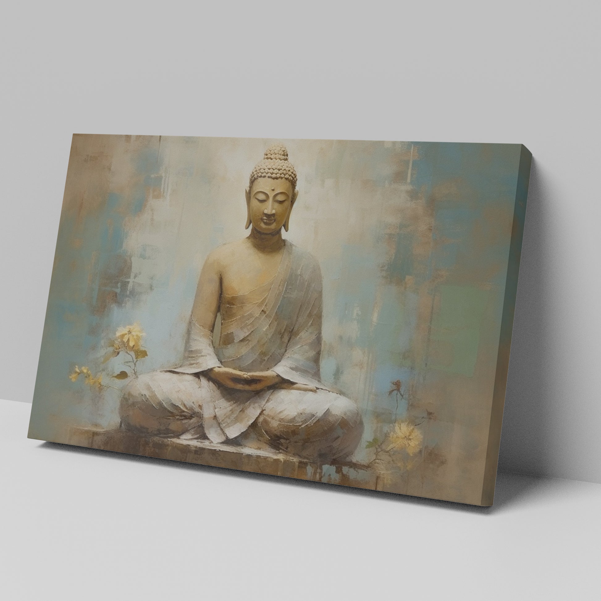 Framed canvas print of a serene Buddha meditating with warm earth tones and blue accents