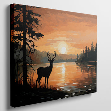 Digital artwork of a deer silhouette at sunset with orange and black hues reflecting on a lake