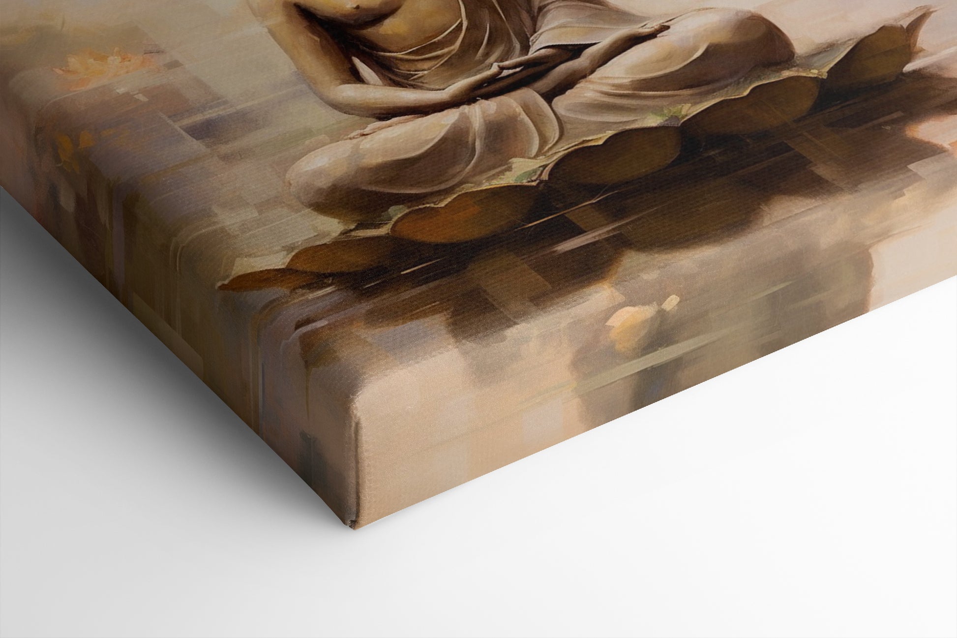 Framed canvas print of a serene Buddha in meditation with warm colour tones