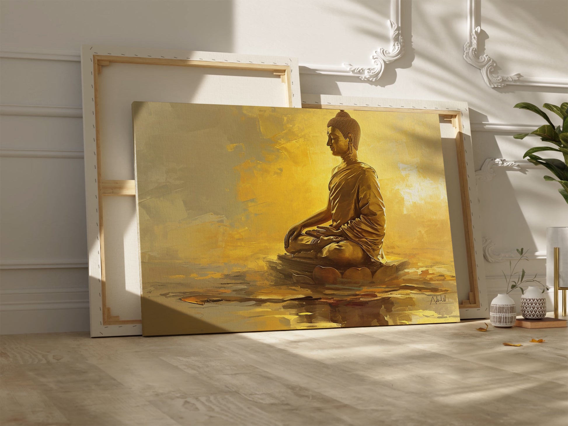 Framed canvas print of a golden Buddha in meditation