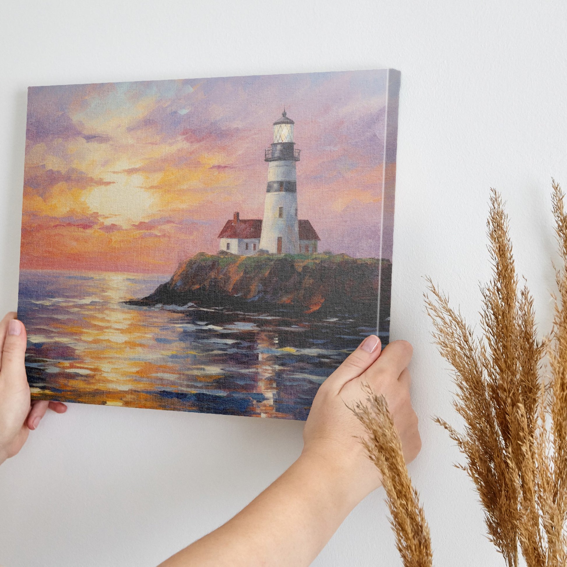 Impressionistic painting of a lighthouse on a cliff at sunset with vibrant orange, pink, and blue sky reflected in water