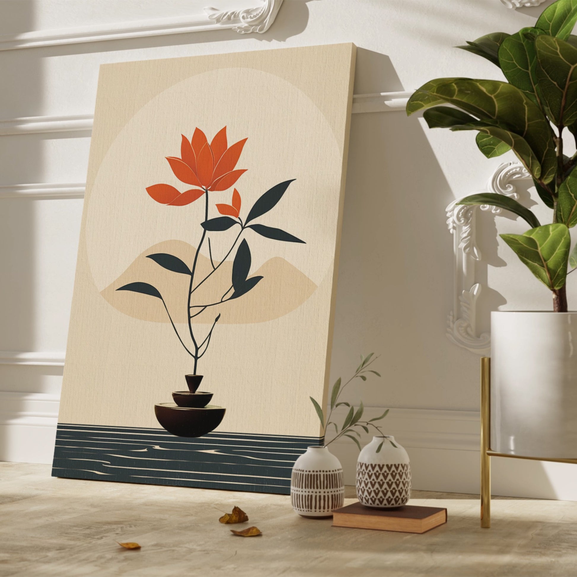 Framed canvas print of a minimalist bonsai tree silhouette against an abstract nature background