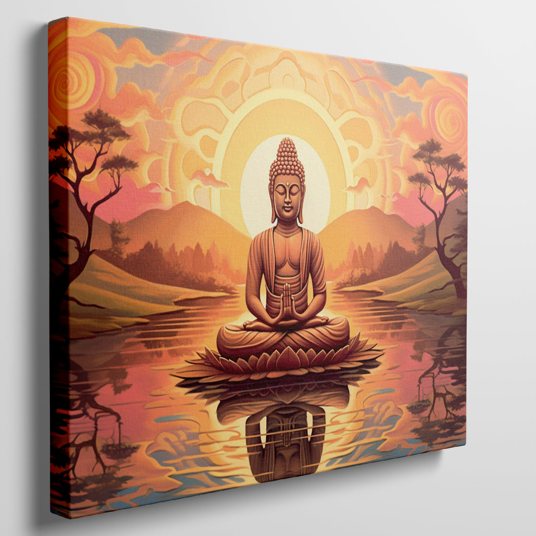 Digital art of a meditating Buddha in orange robes against a backdrop of sun, water, trees, and swirling sunset sky