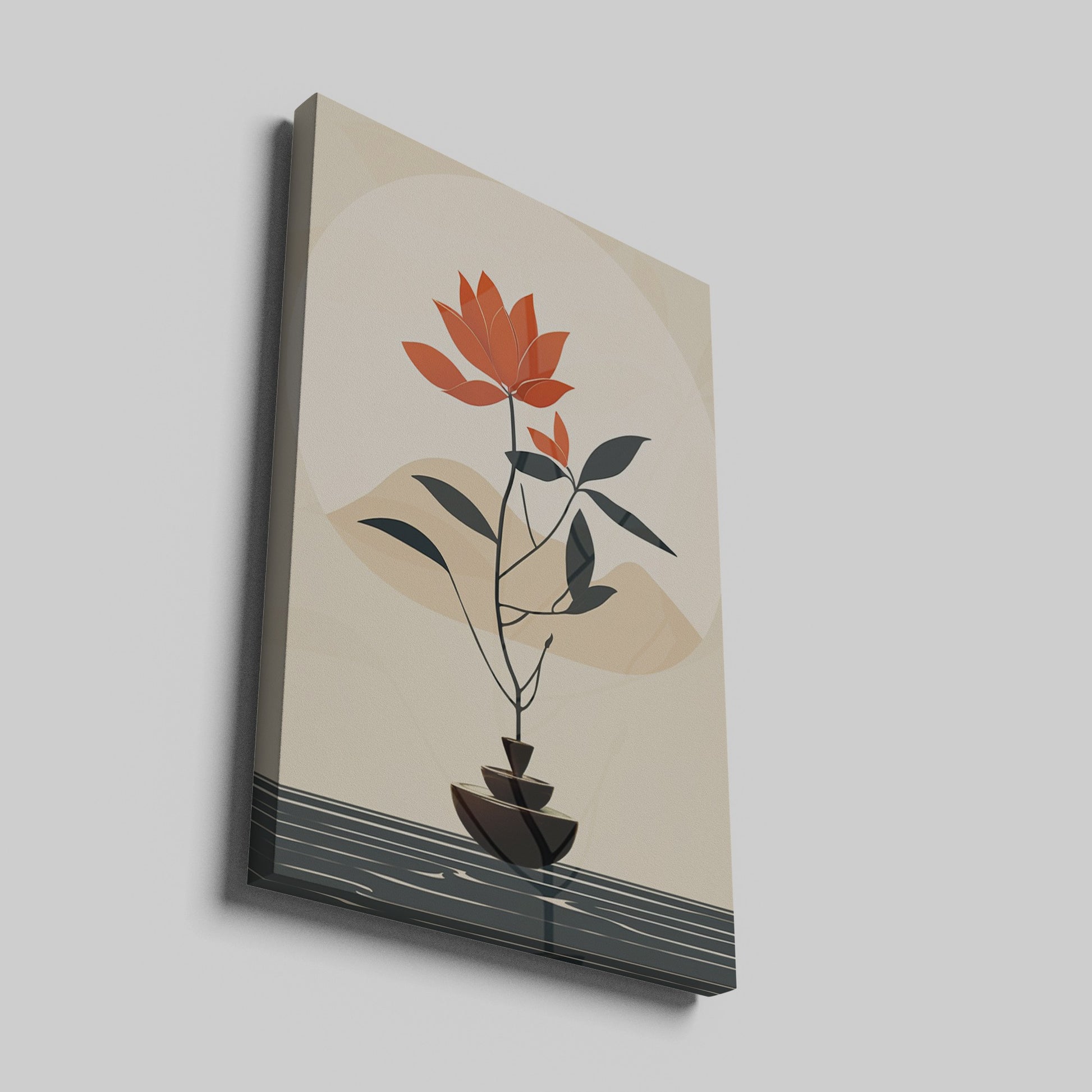 Framed canvas print of a minimalist bonsai tree silhouette against an abstract nature background