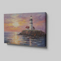 Impressionistic painting of a lighthouse on a cliff at sunset with vibrant orange, pink, and blue sky reflected in water