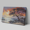 A vibrant sunset painting with an orange and red leafy tree overlooking a coastal seascape with gentle waves and cliffs.