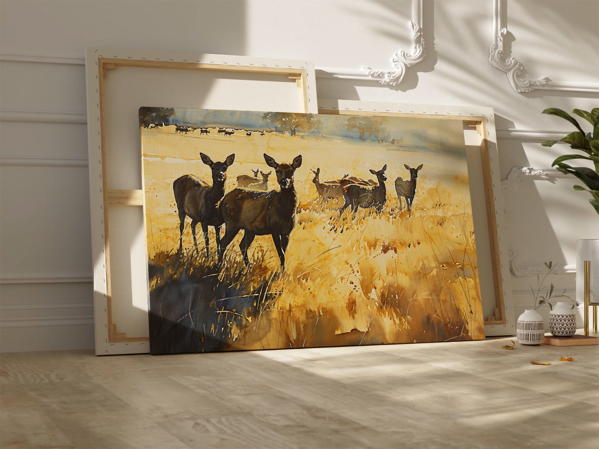 Framed canvas print of a deer herd in a golden autumn landscape with splattered paint effect.