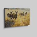 Framed canvas print of a deer herd in a golden autumn landscape with splattered paint effect.