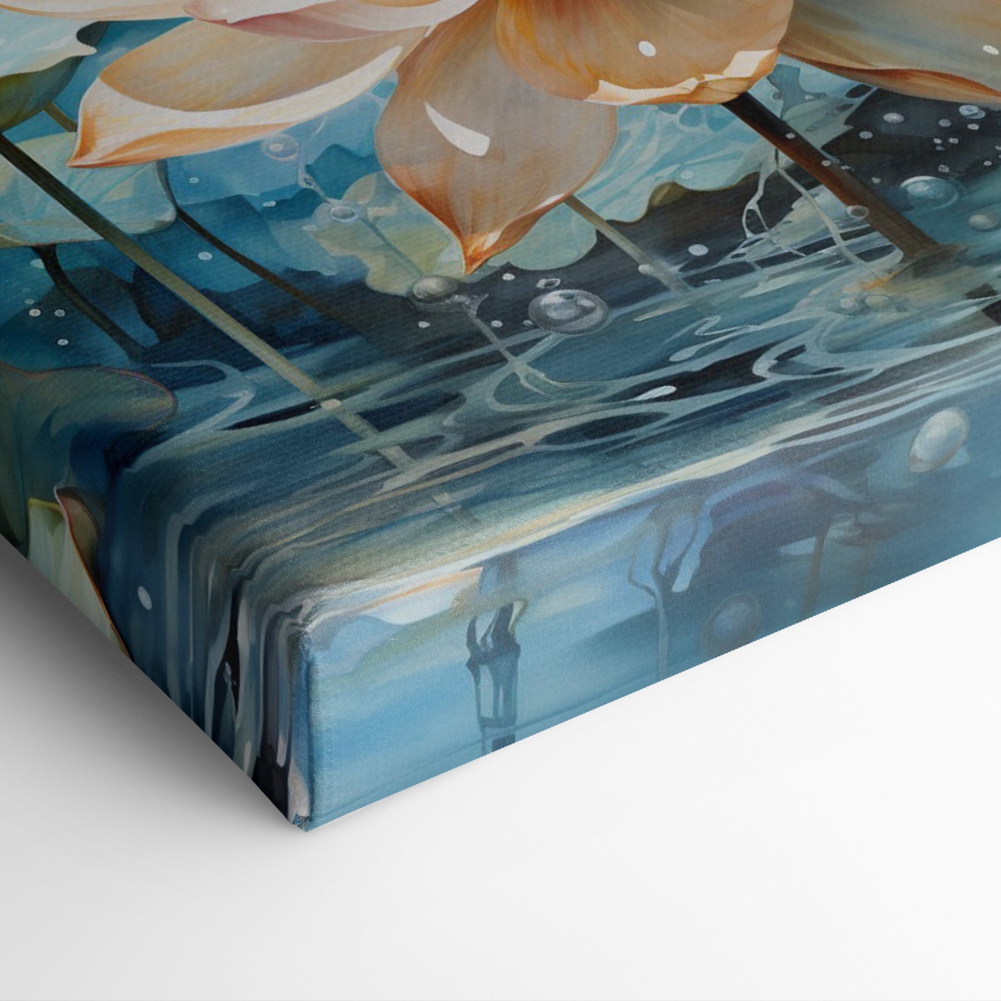 Framed canvas print of a blooming lotus flower with lush blue and orange hues