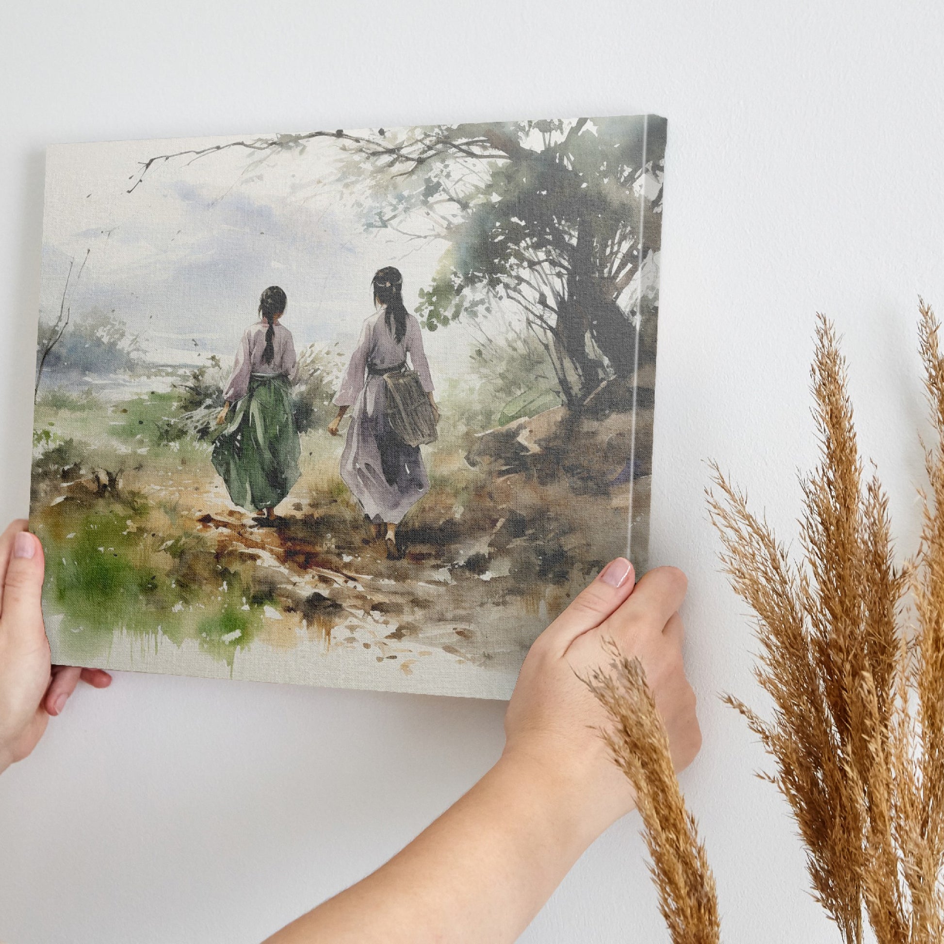 Watercolor painting of two figures in traditional attire walking through a natural landscape