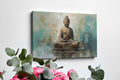 Framed canvas print of tranquil Buddha with abstract blue and beige background