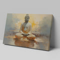 Framed canvas print of serene Buddha in meditation with abstract warm golden background