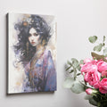 Watercolour portrait of an elegant woman with black hair and gold jewellery, with blue and purple accents