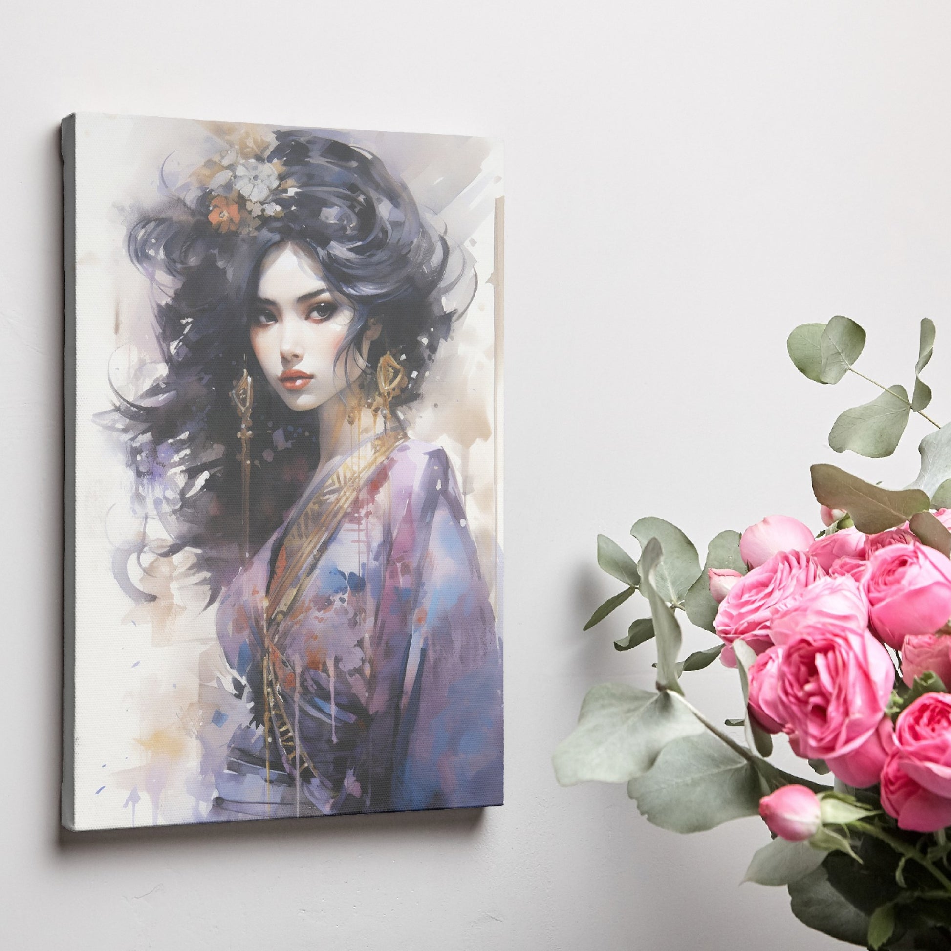 Watercolour portrait of an elegant woman with black hair and gold jewellery, with blue and purple accents