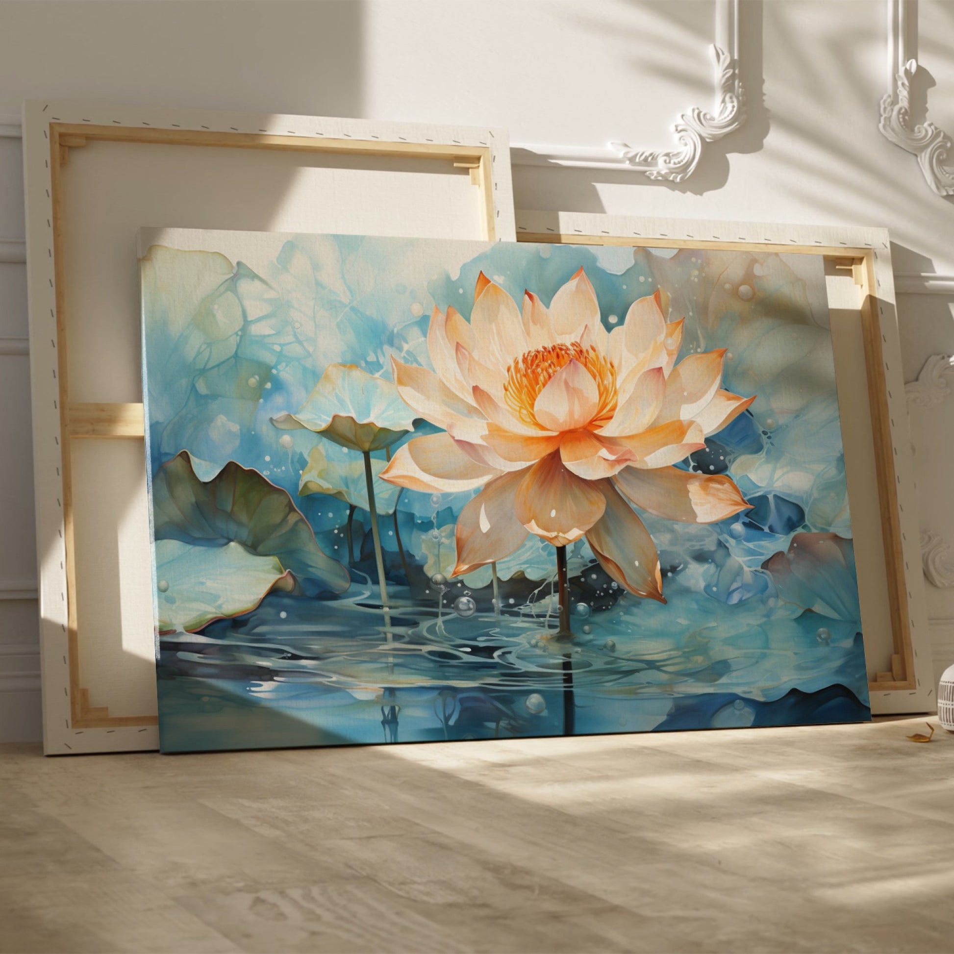 Framed canvas print of a blooming lotus flower with lush blue and orange hues