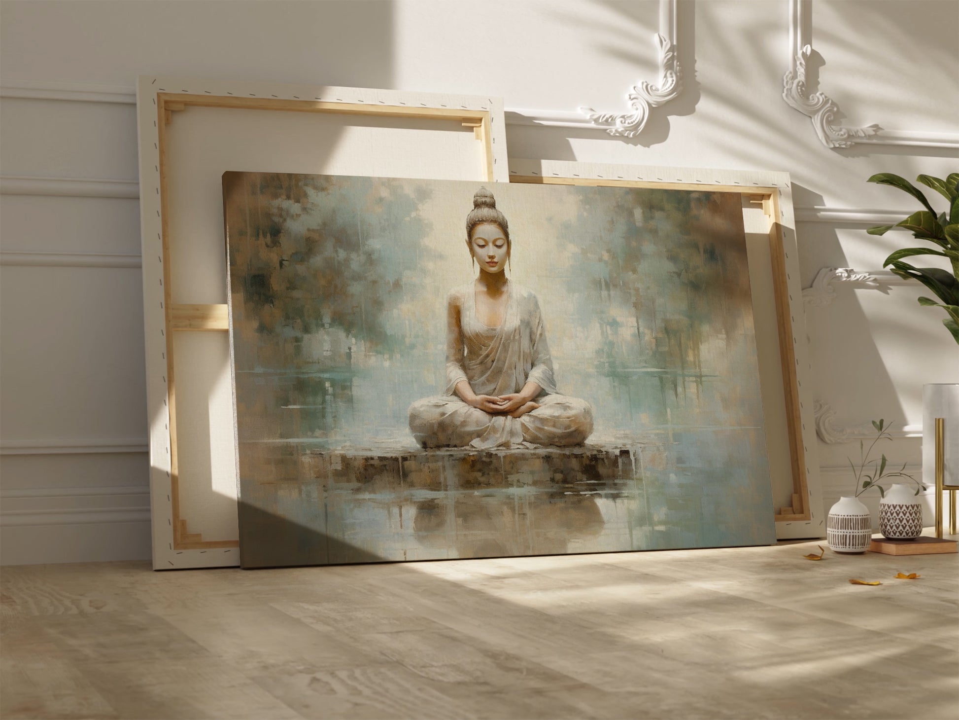 Framed canvas print of a meditative Buddha in serene, neutral tones