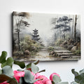 Framed canvas print of a misty oriental landscape with a pagoda and stone path