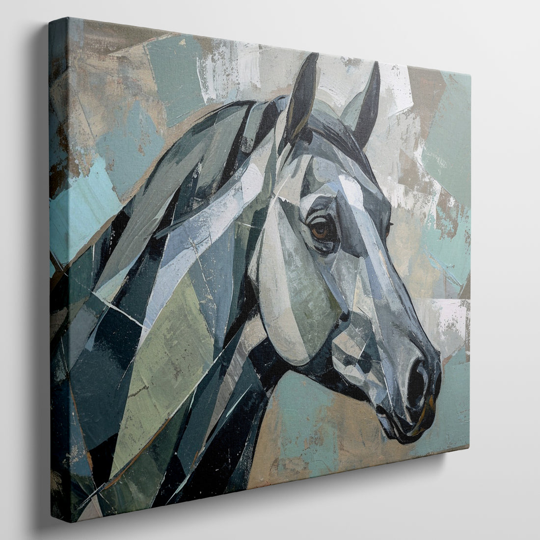 Cubist style canvas print of a horse in teal and beige