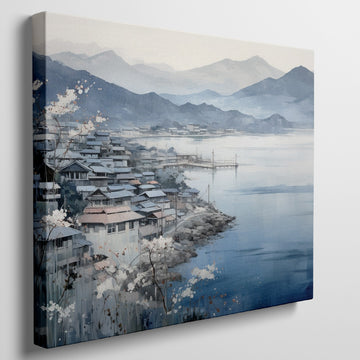 Canvas art of a tranquil lakeside village with cherry blossoms, mountains, and subtle color palette.
