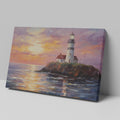 Impressionistic painting of a lighthouse on a cliff at sunset with vibrant orange, pink, and blue sky reflected in water