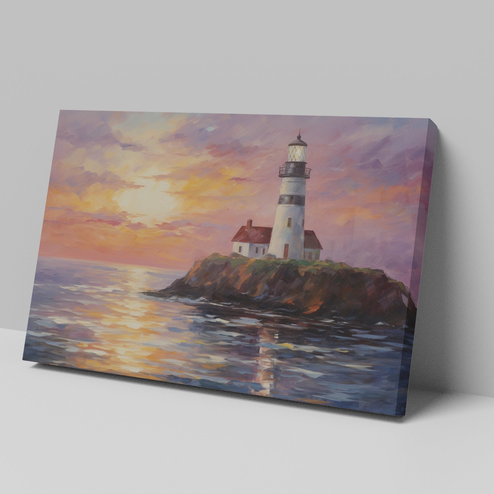 Impressionistic painting of a lighthouse on a cliff at sunset with vibrant orange, pink, and blue sky reflected in water
