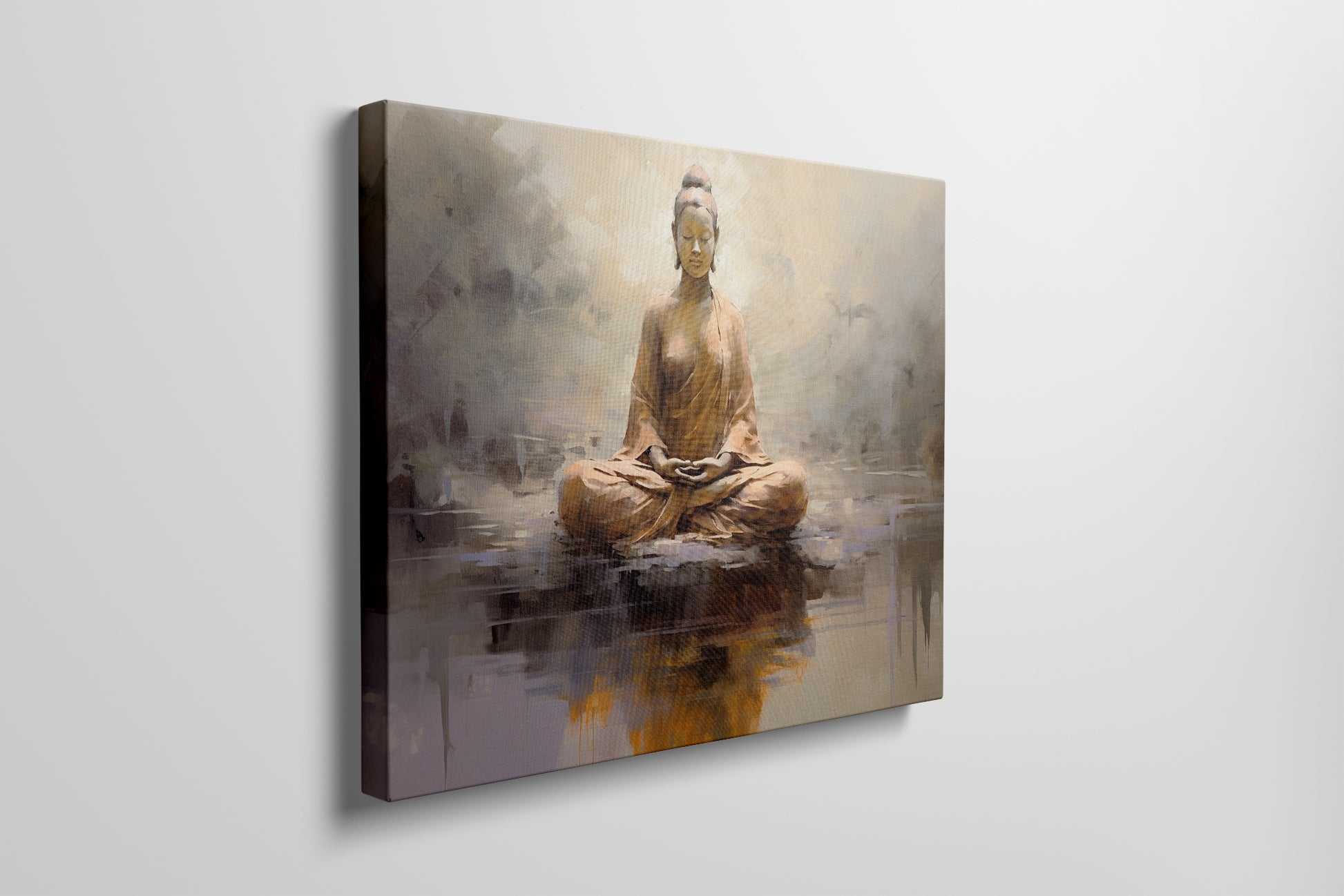 Canvas print of a meditating Buddha in warm amber and brown tones on a textured abstract background